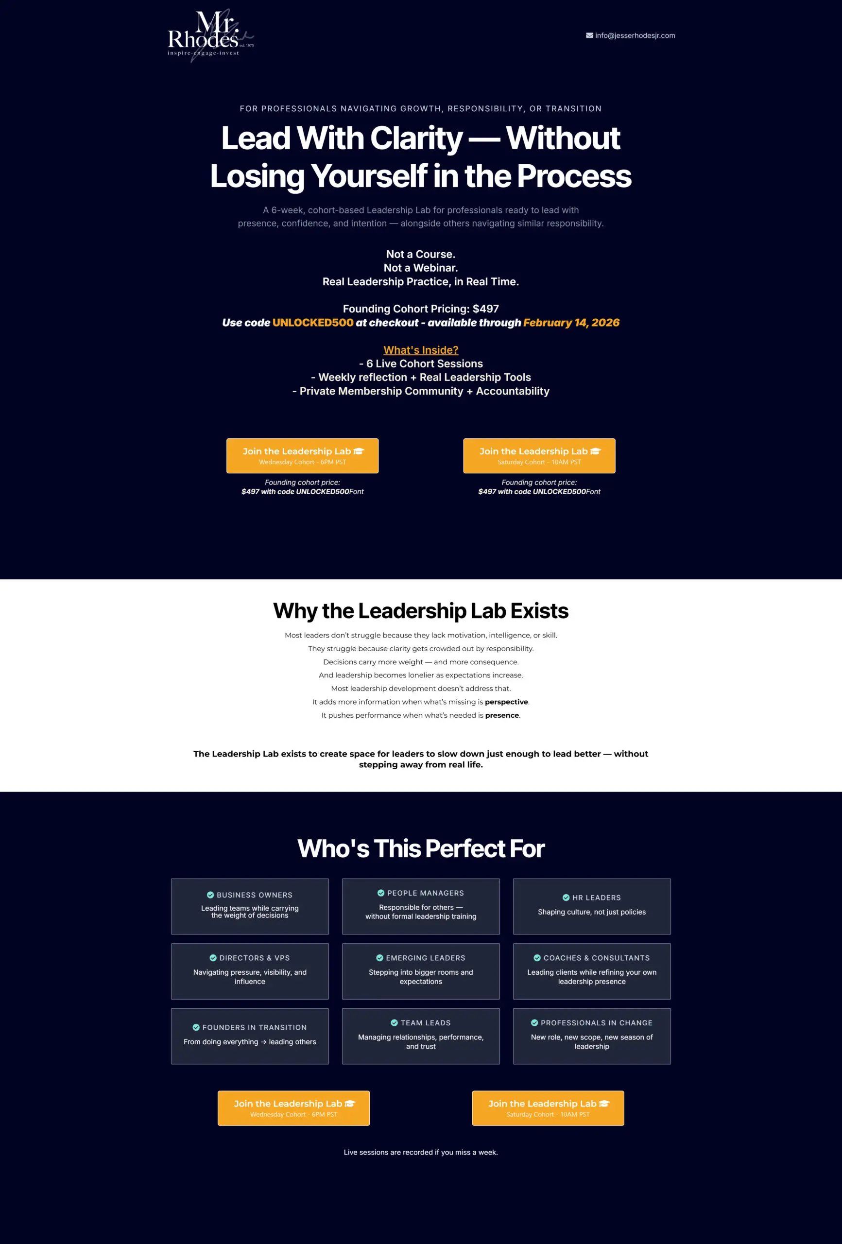 Screenshot of the Leadership Lab sign-up page.